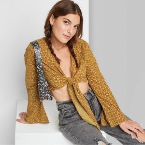 Wild Fable Mustard Floral Print Crop Top with Bell Sleeves and Front Tie
